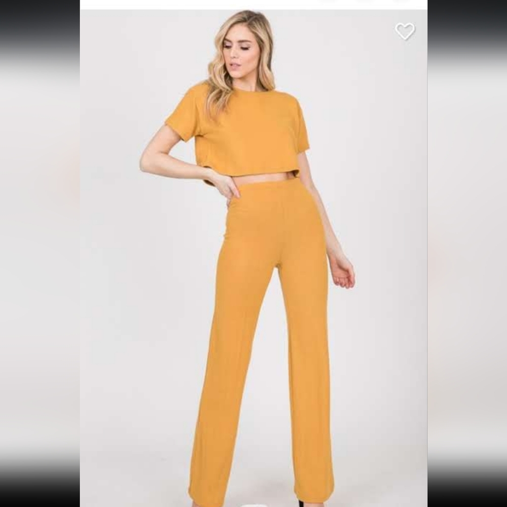 CASUAL SEXY CROP TOP BELL PANTS SET "MUSTARD"